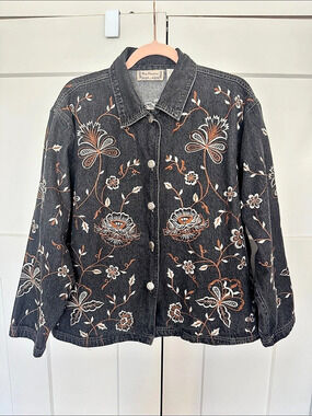 New Direction Vintage Black Floral Embroidered Denim Jacket Large